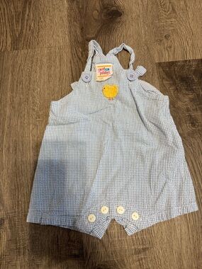 Vintage Blue Gingham Baby Romper with Chick Applique
